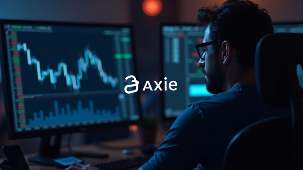 Crypto analyst in newsroom examining a monitor showing an AXS price chart with RSI divergence and Axie Infinity branding.