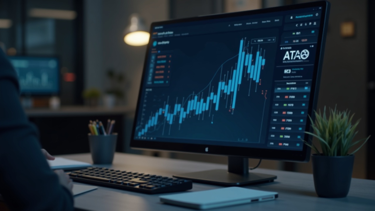 Editorial desk shot showing a computer with an AXS price chart and a subtle whale icon in a neutral newsroom setting