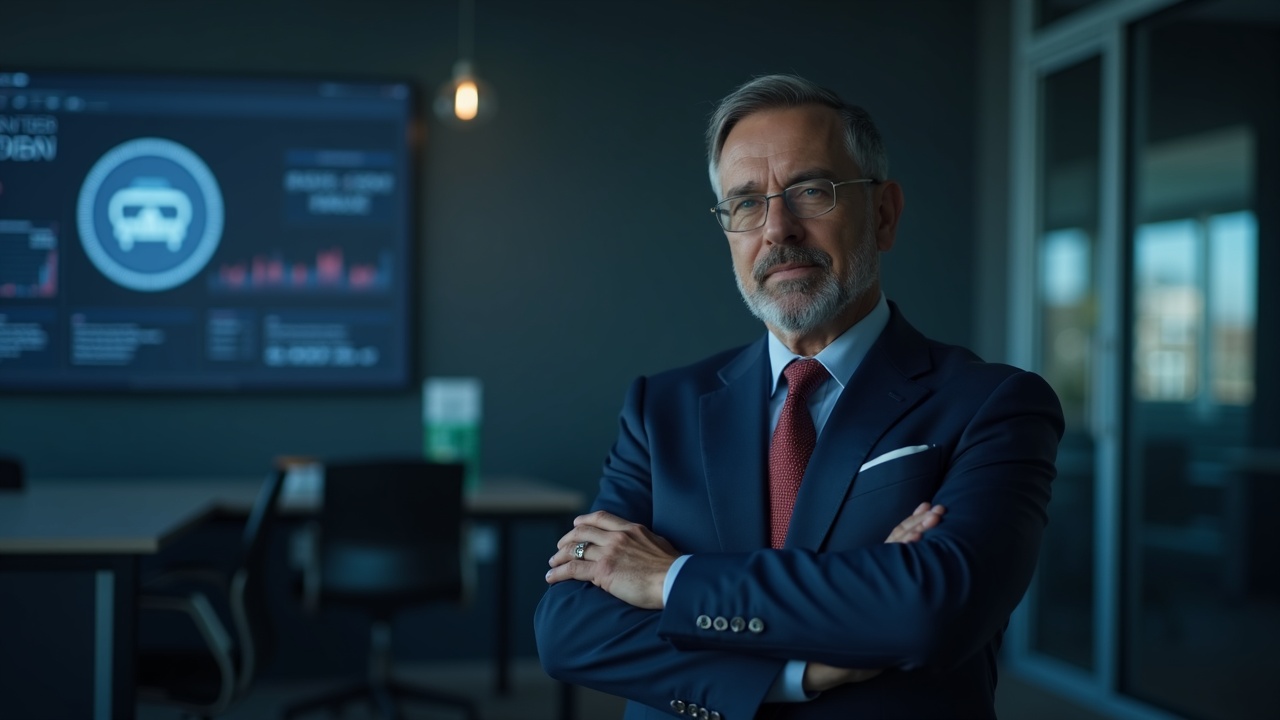 BoA executive in a modern office, with a screen showing a stablecoin icon and a blockchain rail.