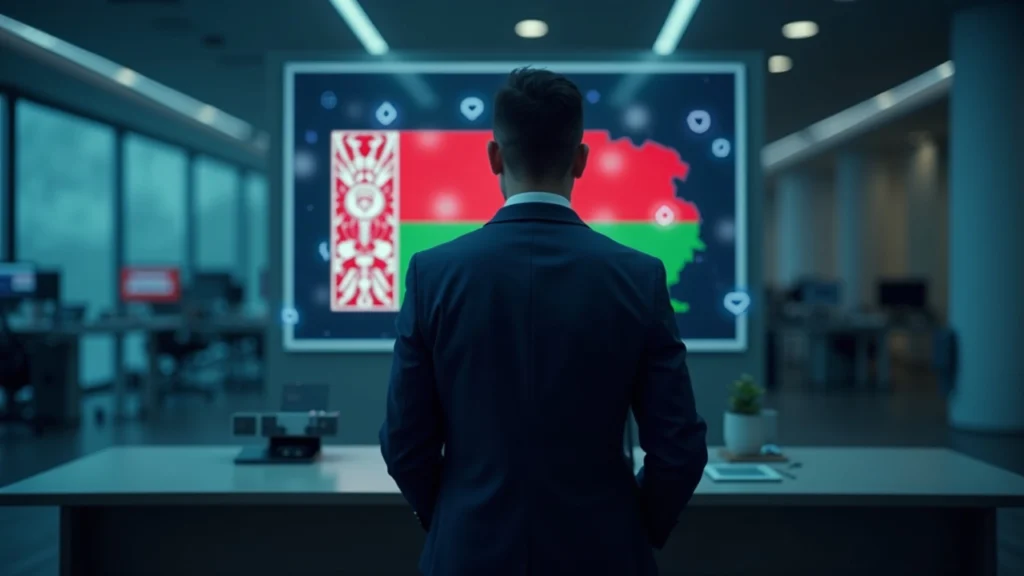 Suit-clad banker in a modern office with a screen displaying digital token icons and a Belarus map, signaling cryptobank regulation.