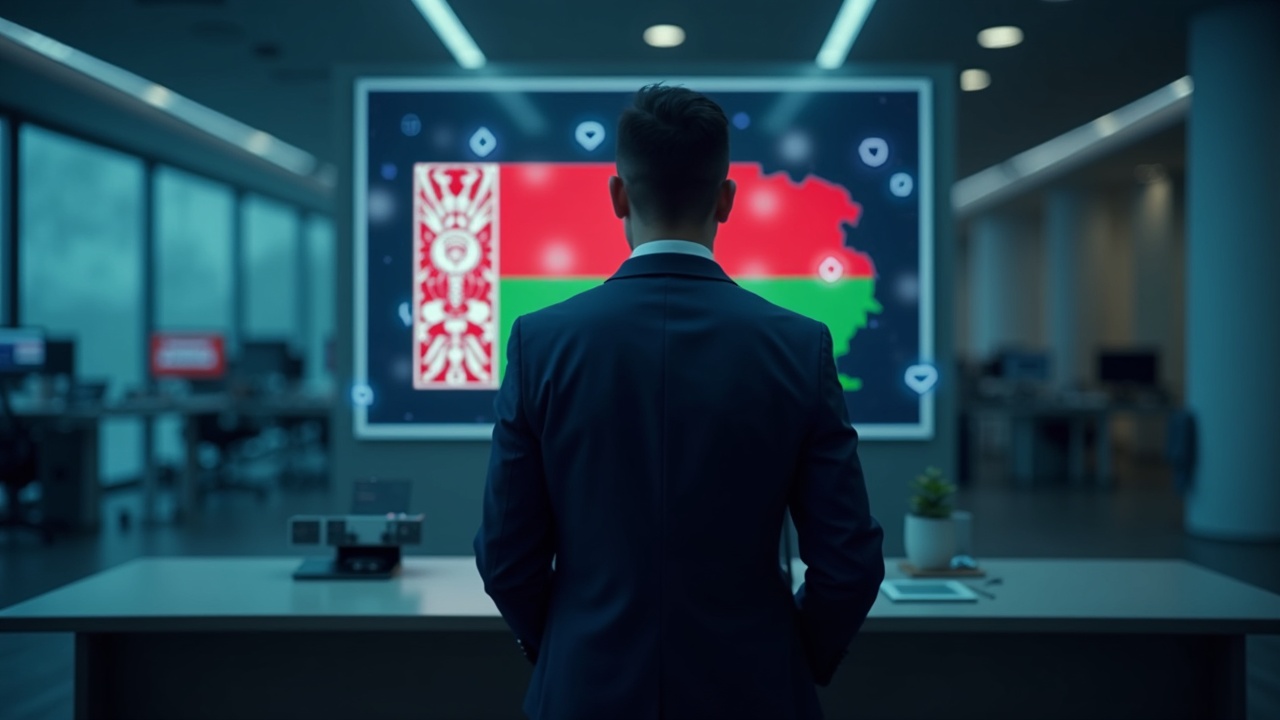 Suit-clad banker in a modern office with a screen displaying digital token icons and a Belarus map, signaling cryptobank regulation.