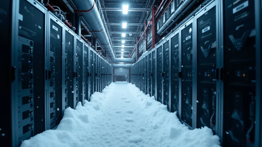 Winter scene of a Bitcoin mining facility with rows of rigs and snow outside, signaling a temporary outage and grid stress.