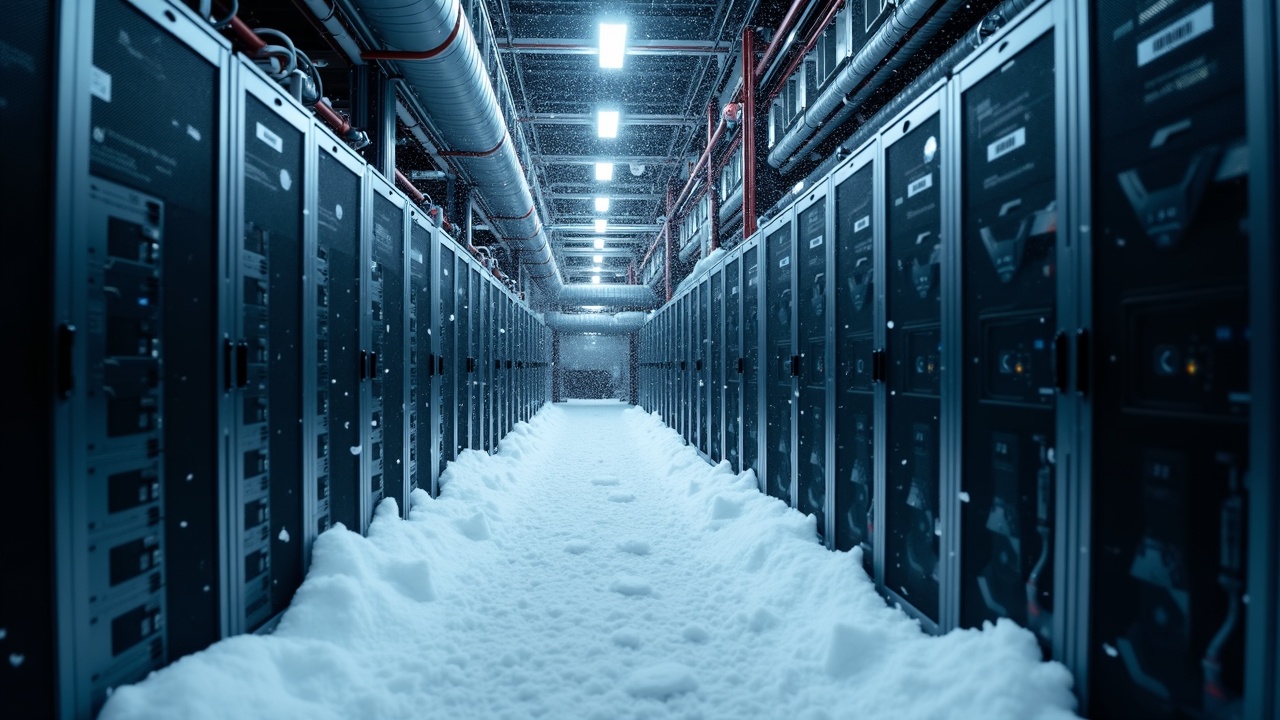 Winter scene of a Bitcoin mining facility with rows of rigs and snow outside, signaling a temporary outage and grid stress.