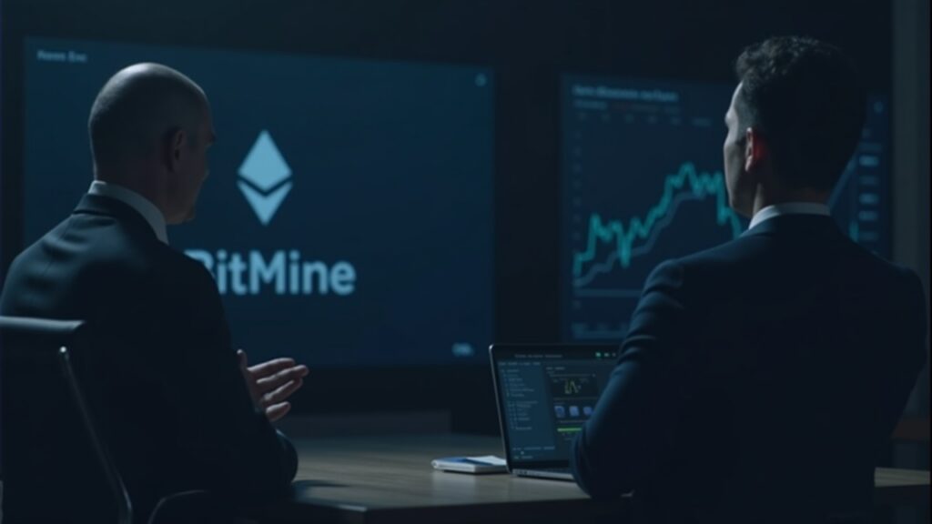 BitMine executive delivering a formal reply in a boardroom, ETH logo on screen with data charts.