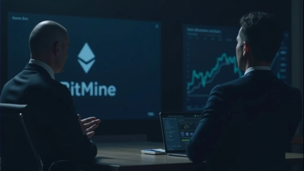 BitMine executive delivering a formal reply in a boardroom, ETH logo on screen with data charts.