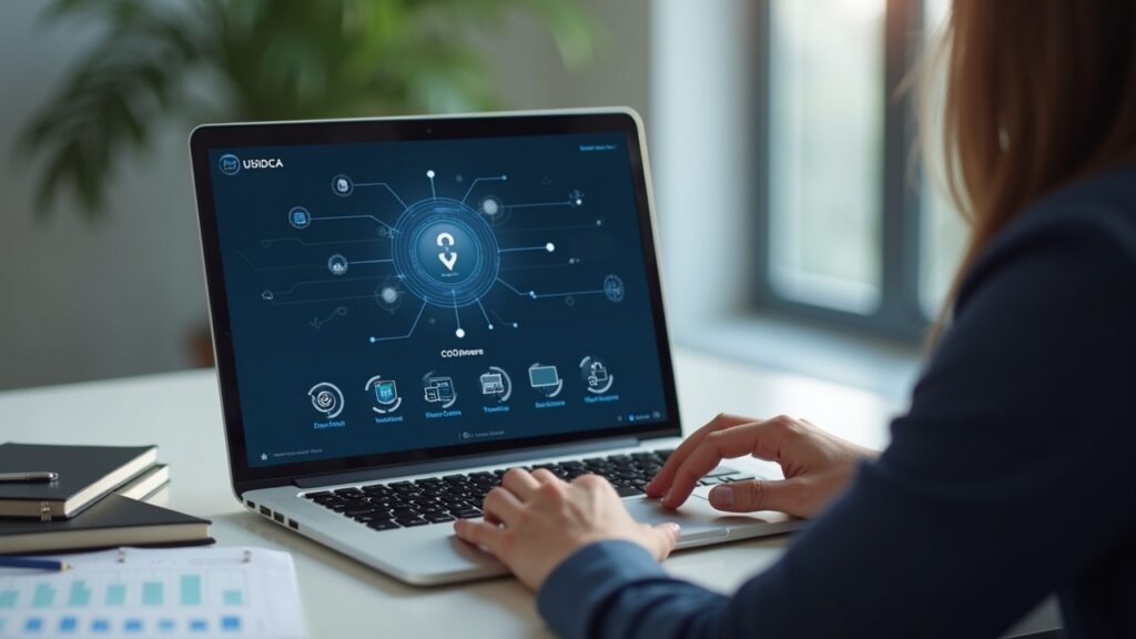 Professional investor at a clean desk with a laptop displaying an on-chain vault interface and a USDC badge.