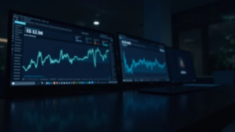 Newsroom desk with monitors displaying real-time U.S. equity tickers and on-chain data feed, subtle Chainlink branding