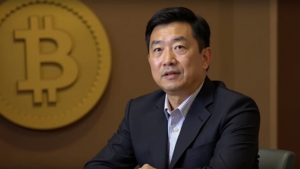 Portrait of Changpeng Zhao at a press conference with Bitcoin motif, signaling Binance leadership shift and 2026 supercycle.