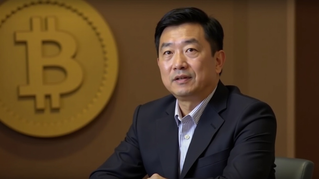 Portrait of Changpeng Zhao at a press conference with Bitcoin motif, signaling Binance leadership shift and 2026 supercycle.