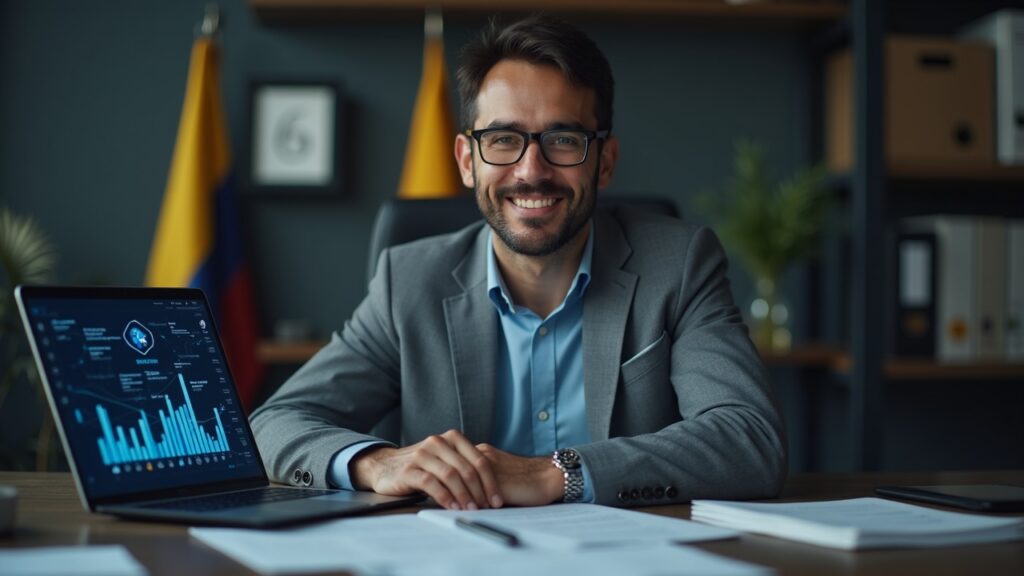Auditor at a desk with tax forms, crypto icons, and a laptop; Colombia and France flags in the background