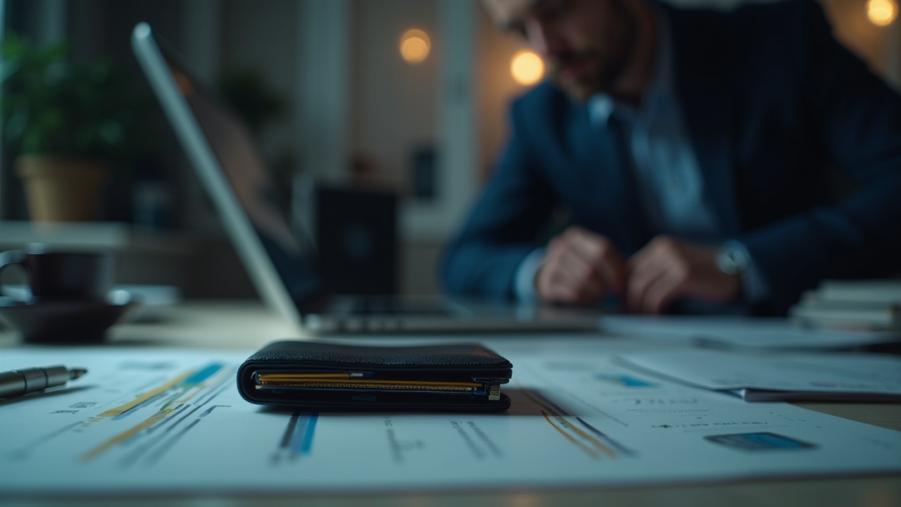 Editorial photo: hardware wallet centered on desk, blurred analyst in background under subdued newsroom lighting.