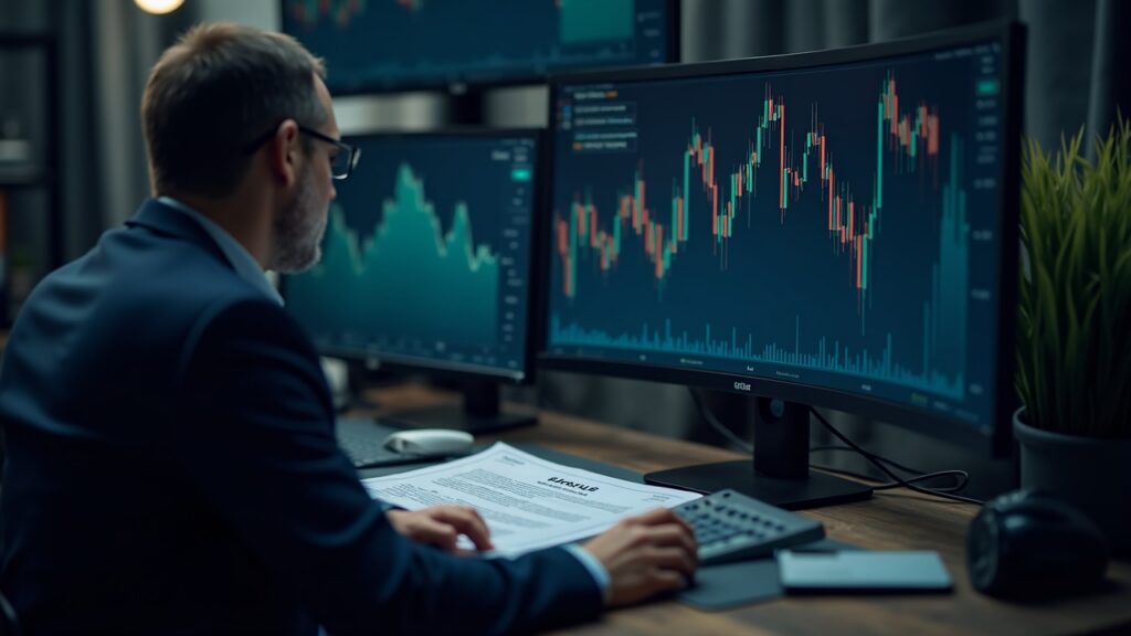 Newsroom with crypto charts on a monitor, a GENIUS Act document on the desk, and a suited analyst studying market trends.