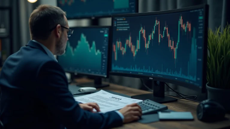 Newsroom with crypto charts on a monitor, a GENIUS Act document on the desk, and a suited analyst studying market trends.