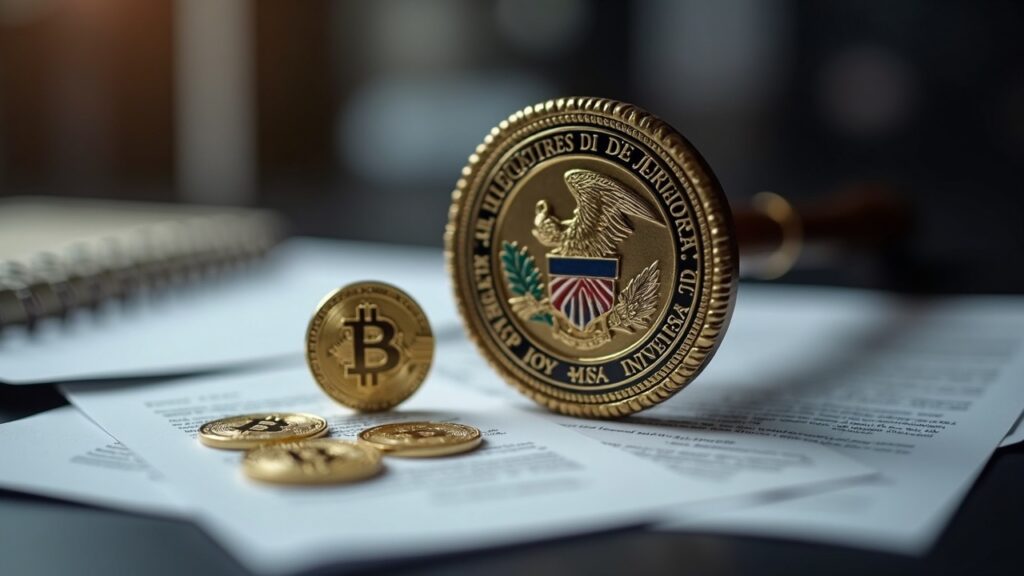 Editorial shot of a DOJ seal on a desk, three crypto coins, and a formal document under newsroom lighting.