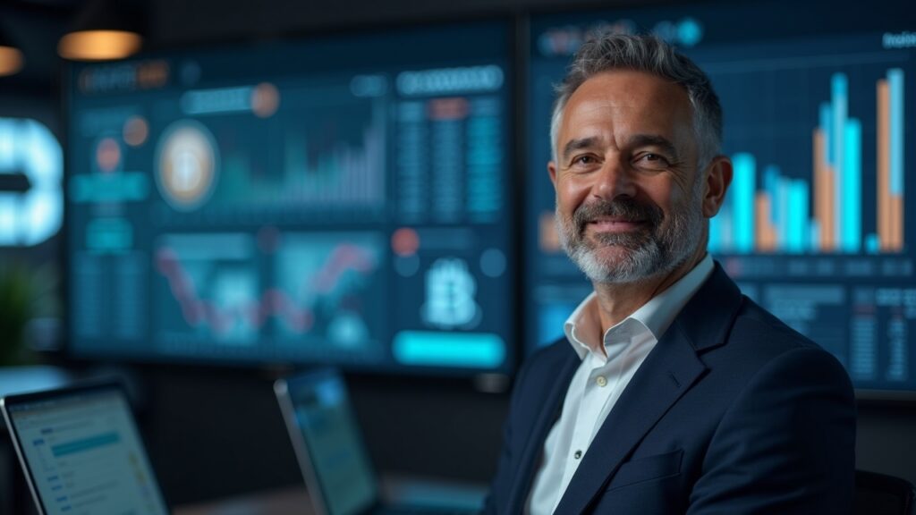 Editorial portrait of a senior analyst in a newsroom with Bitcoin, DeFi networks, and tokenized assets on screens.