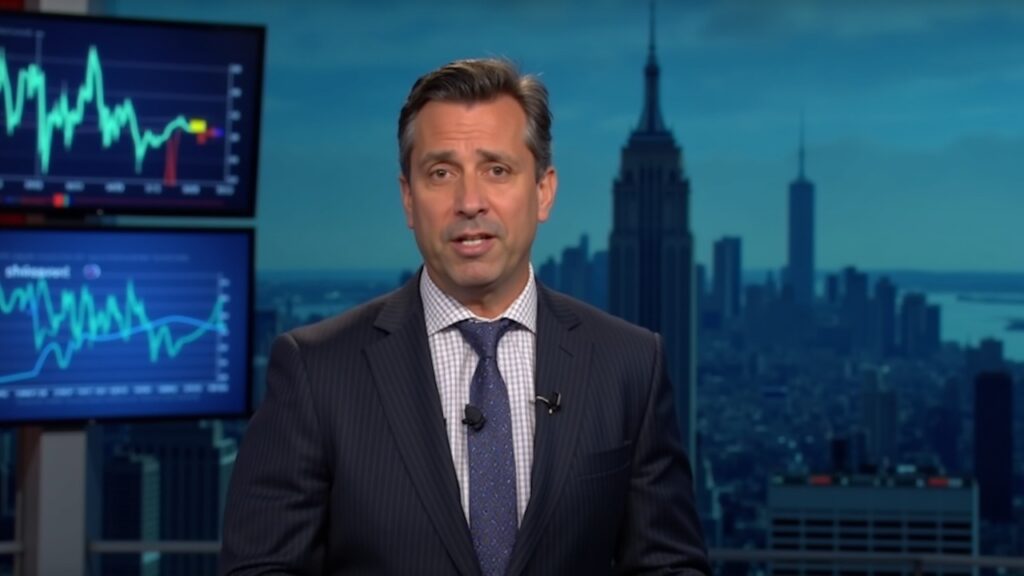 Spokesperson at a press briefing with NYC skyline and blockchain charts, signaling funds denial amid token collapse