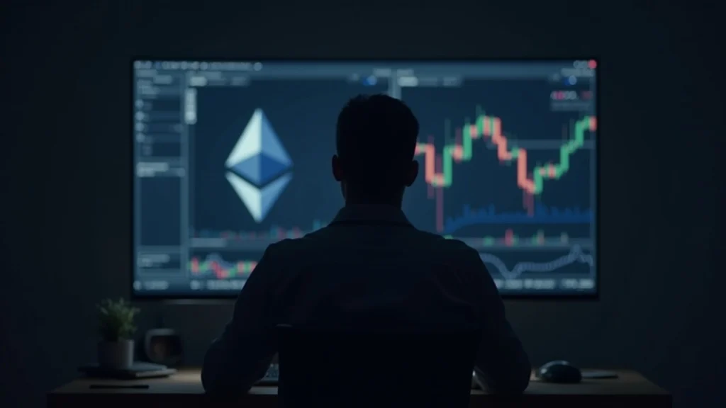 Analyst in an editorial office focused on Ethereum on a large monitor next to a muted market chart.