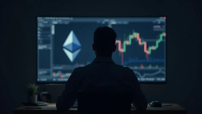 Analyst in an editorial office focused on Ethereum on a large monitor next to a muted market chart.