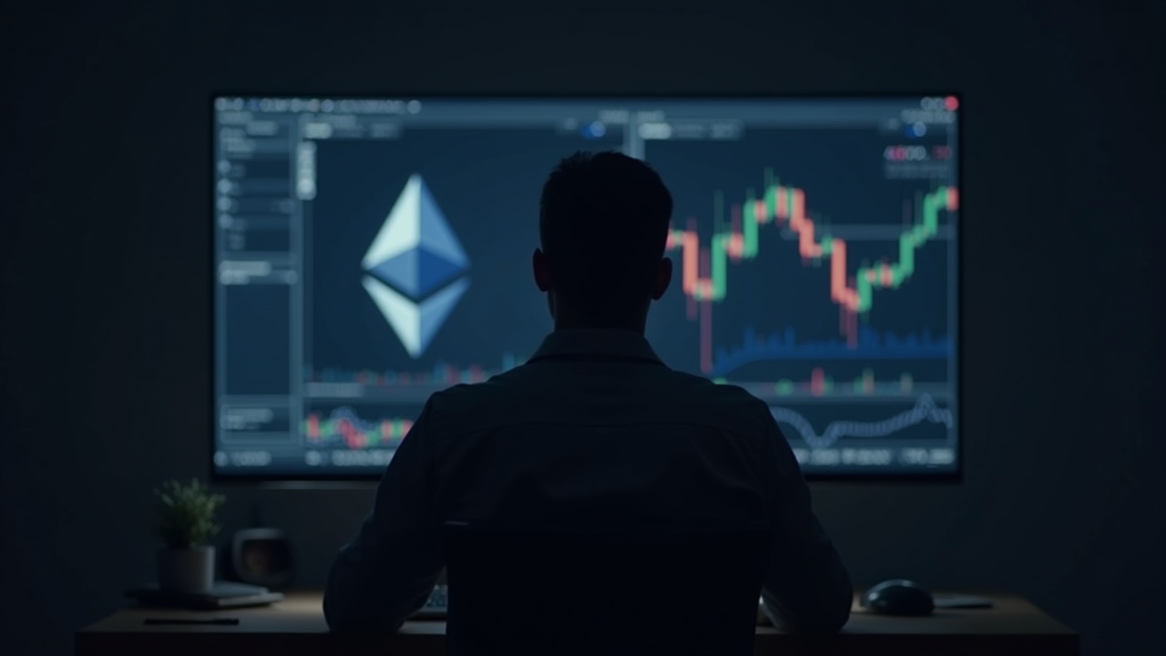 Analyst in an editorial office focused on Ethereum on a large monitor next to a muted market chart.