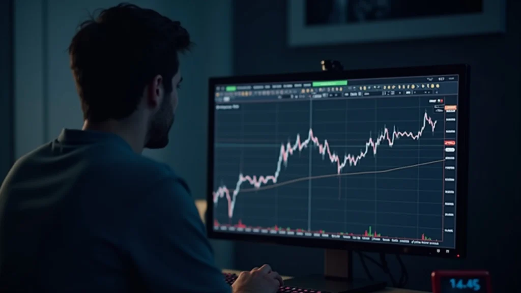 Analyst at a desk reviewing a monitor showing Ethereum around $2.9K with a flat price chart and ETF flows in the foreground.