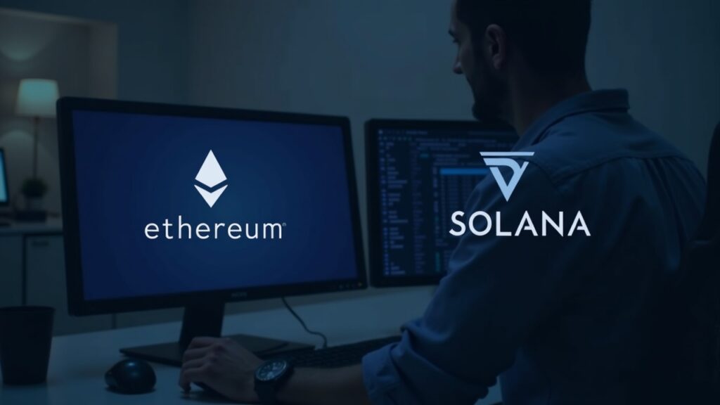 Analyst reviews Ethereum and Solana resilience on dual monitors in a newsroom setting.