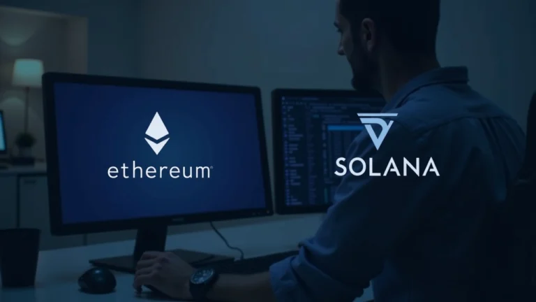 Analyst reviews Ethereum and Solana resilience on dual monitors in a newsroom setting.
