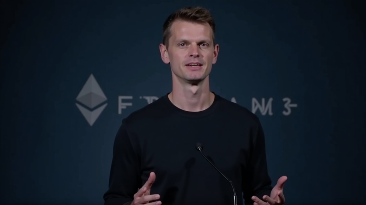 Editorial portrait of Vitalik Buterin at a podium, with the Ethereum logo and a cryptography backdrop.