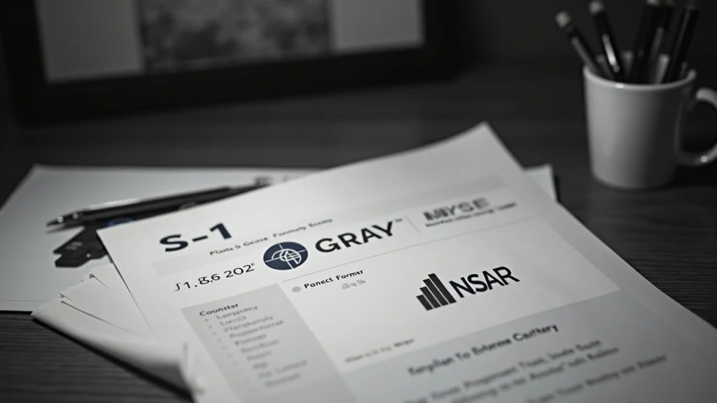 Editorial desk shot: S-1 with GSNR, NEAR logo, and NYSE Arca sign in grayscale.