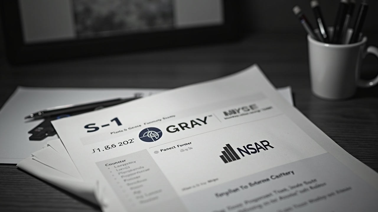 Editorial desk shot: S-1 with GSNR, NEAR logo, and NYSE Arca sign in grayscale.