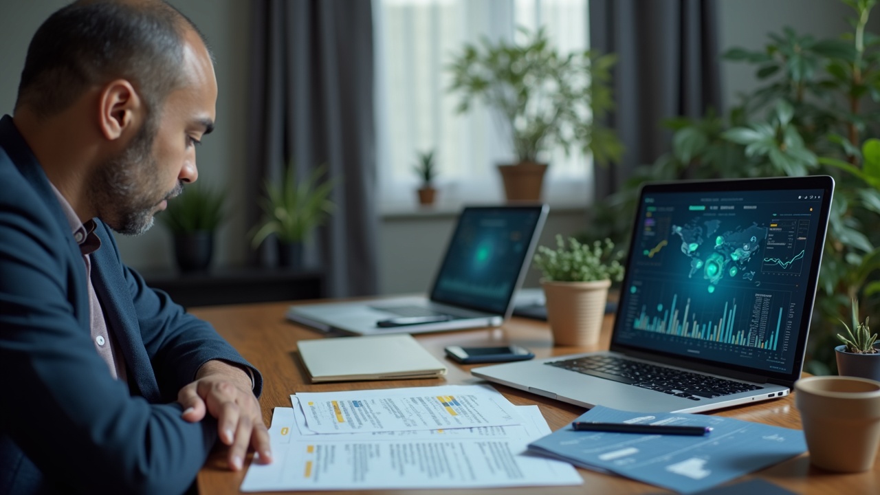 Indian tax official at a desk with crypto compliance papers and a laptop displaying blockchain analytics.