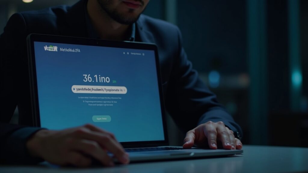 Cybersecurity analyst at desk viewing a fake MetaMask 2FA prompt with countdown.