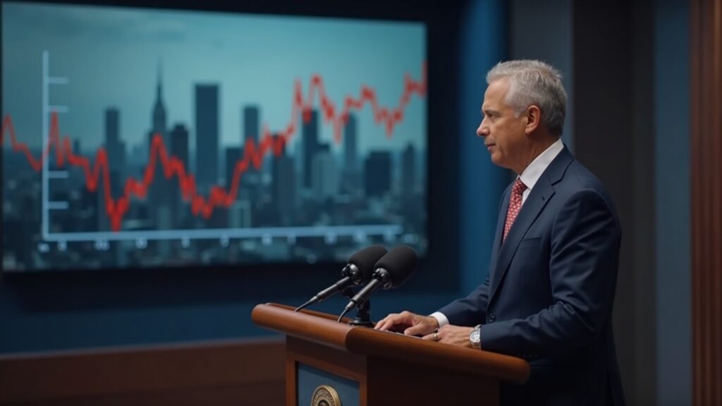 Editorial photo of NYC mayor at a podium, monitor shows memecoin chart dropping, NYC skyline in muted newsroom setting