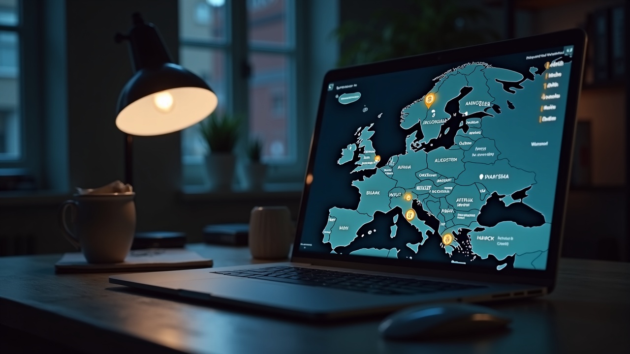 Newsroom desk with laptop showing Polymarket access blocked in Europe; map highlights Hungary and Portugal, warning icons.