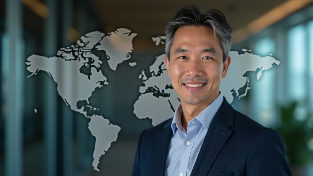 Portrait of a Pomelo executive in a sleek office with a map and rails, signaling cross-border stablecoin card expansion.