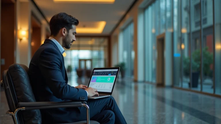 Traveler in hotel lobby using laptop with token-approval popup, illustrating public wifi risk to crypto wallets.
