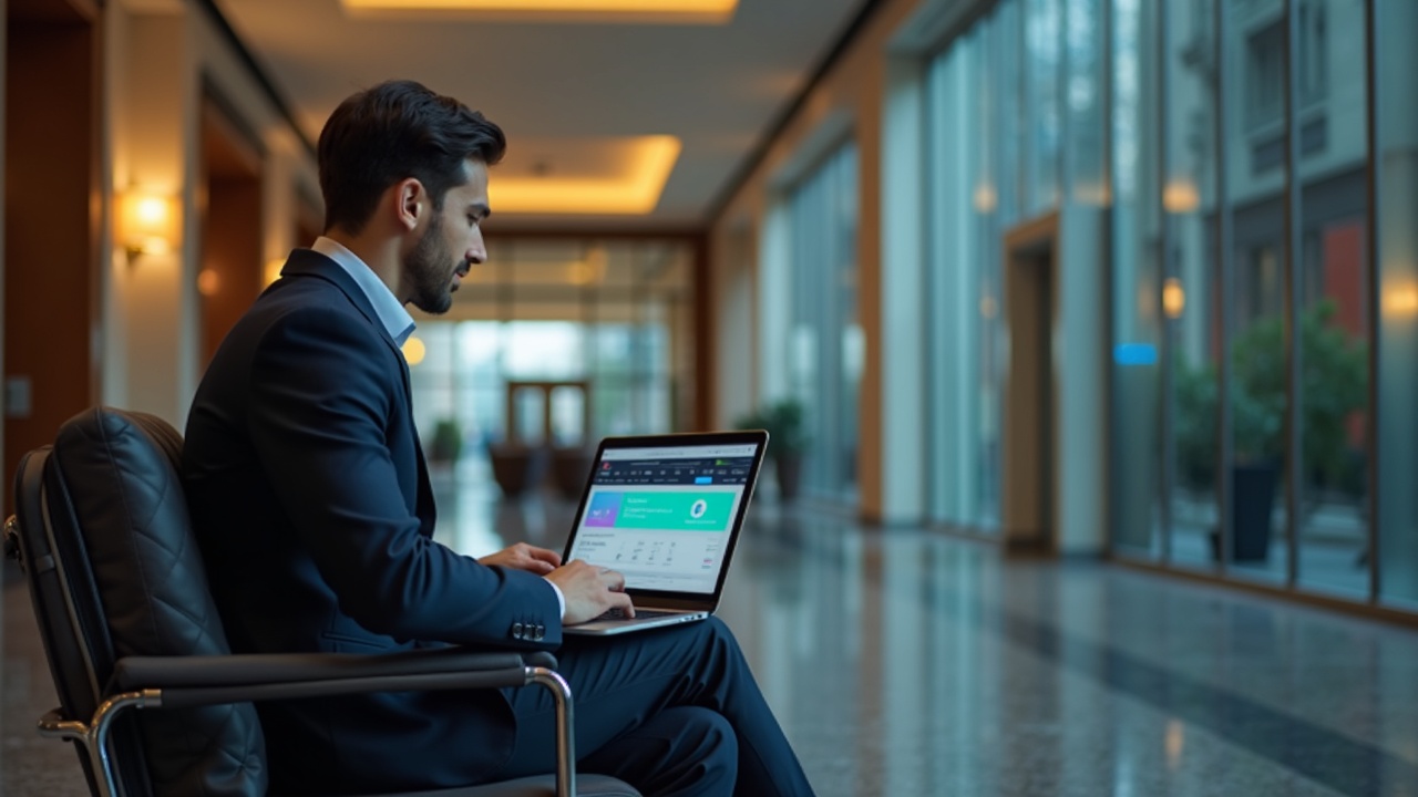 Traveler in hotel lobby using laptop with token-approval popup, illustrating public wifi risk to crypto wallets.