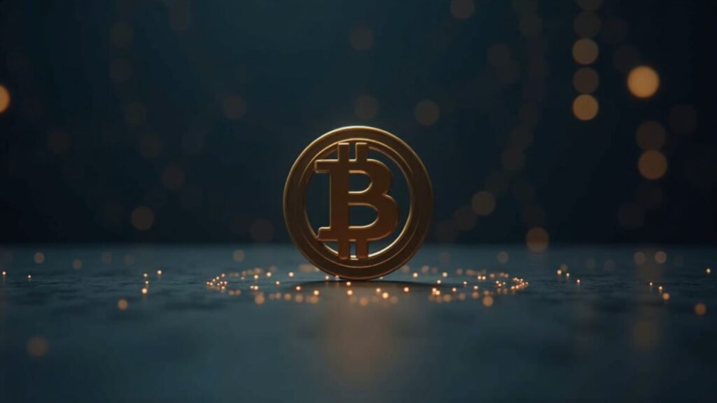Professional editorial portrait of a Bitcoin logo on a desk with blurred quantum circuit background.