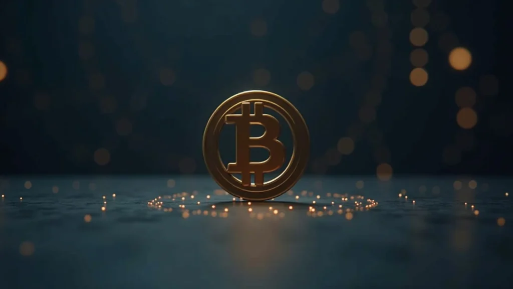 Professional editorial portrait of a Bitcoin logo on a desk with blurred quantum circuit background.