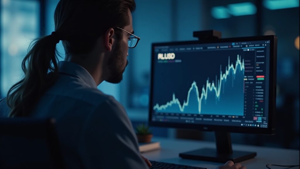 Editorial shot of a professional trading desk with RLUSD rising on a monitor and a dimmed XRP logo in the background.