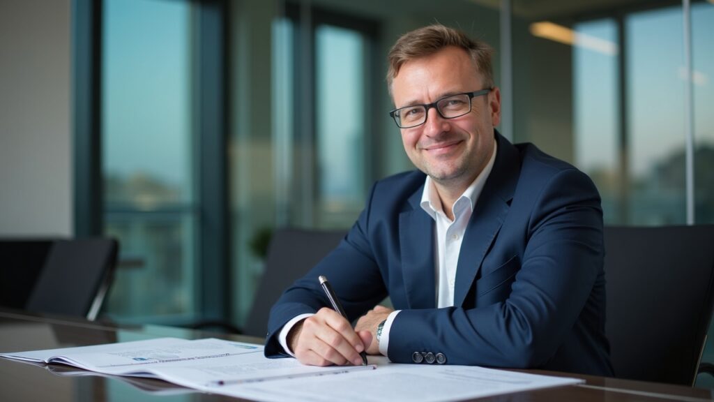 Portrait of a KuCoin EU executive in a Vienna office, with regulatory papers, symbolizing MiCA expansion in Europe.