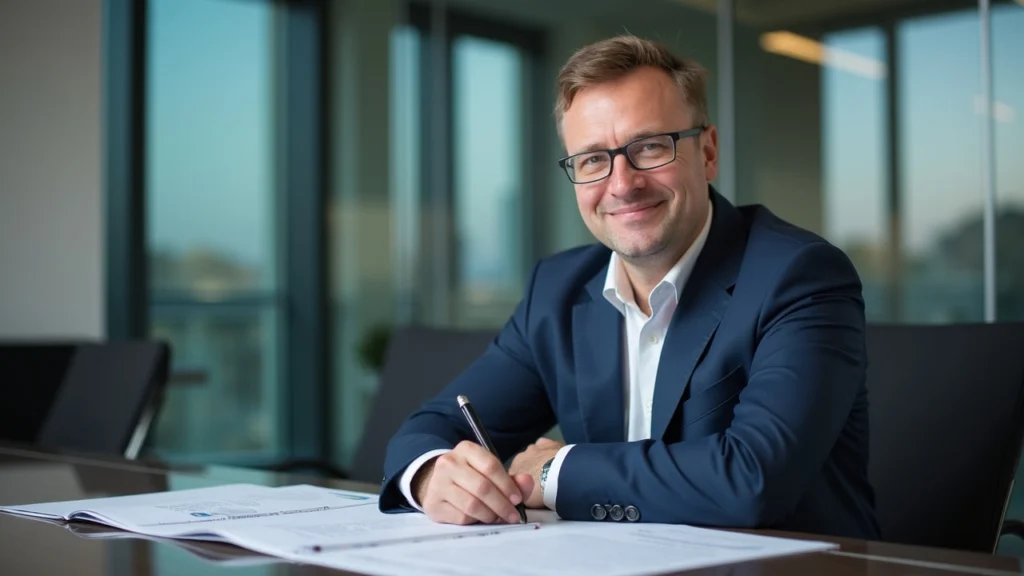Portrait of a KuCoin EU executive in a Vienna office, with regulatory papers, symbolizing MiCA expansion in Europe.