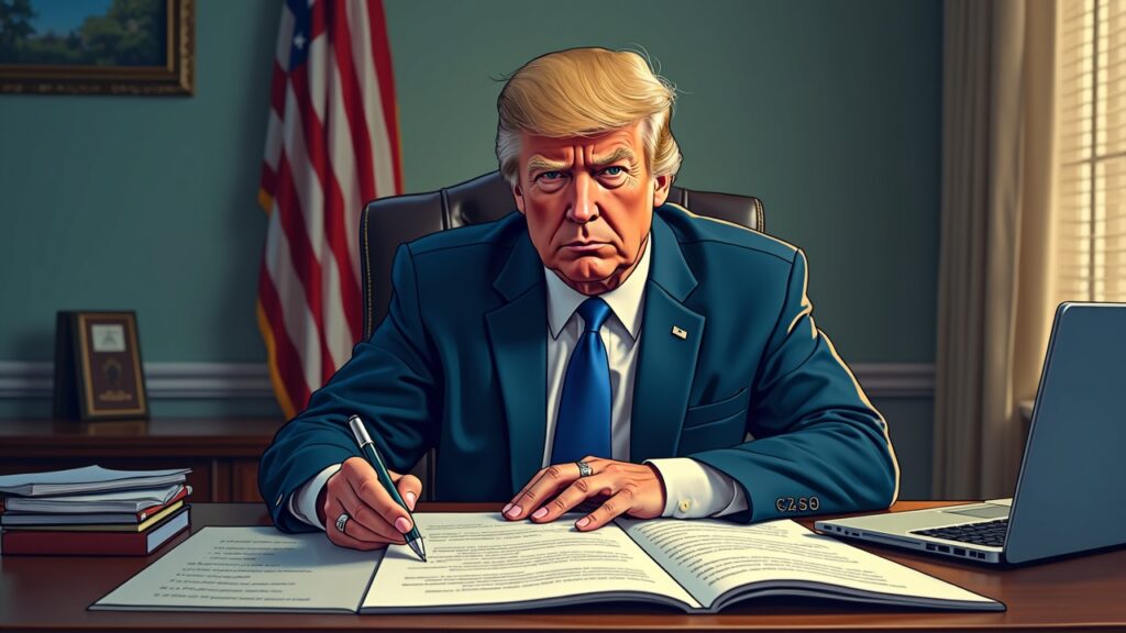 Stern SEC official at a desk with crypto policy papers and a laptop, signaling 2025 shift to rulemaking.