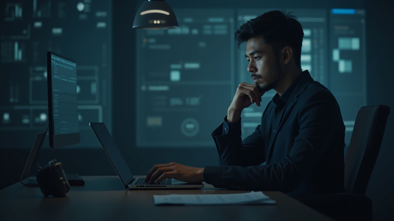 Editorial portrait of a serious crypto journalist at a desk with a SHIB briefing, set against a muted data-driven backdrop.