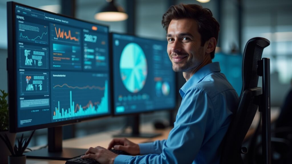 Editorial portrait of a Solana engineer at a desk with two monitors showing network throughput and AI tools in a newsroom.