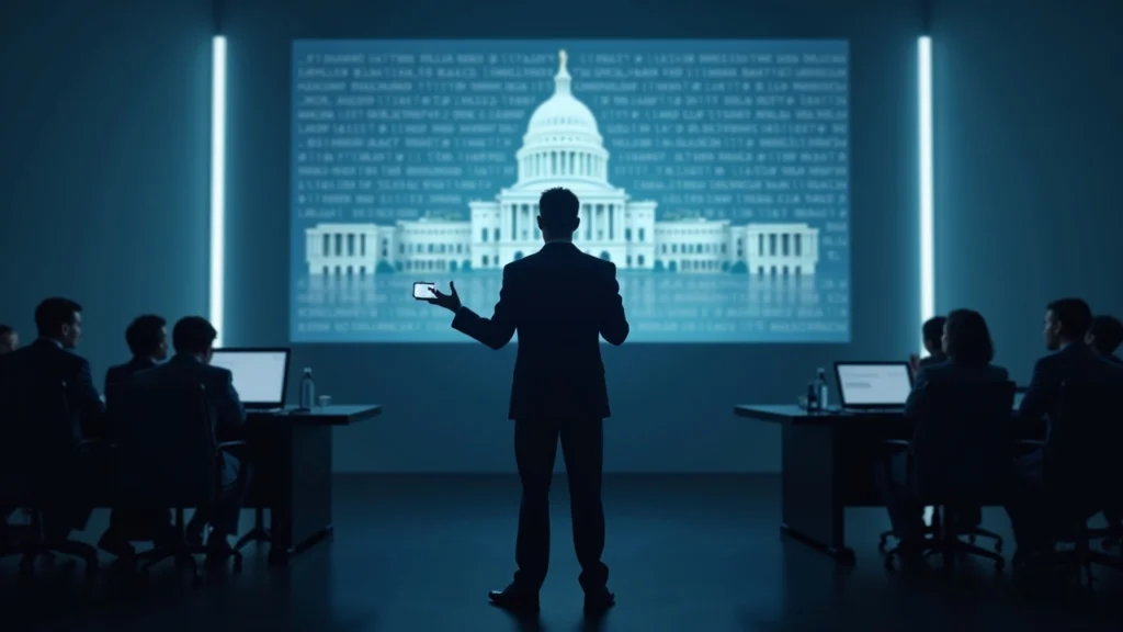 Editorial shot of a Solana Policy Institute rep presenting in a newsroom with an SEC silhouette and blockchain code overlay.