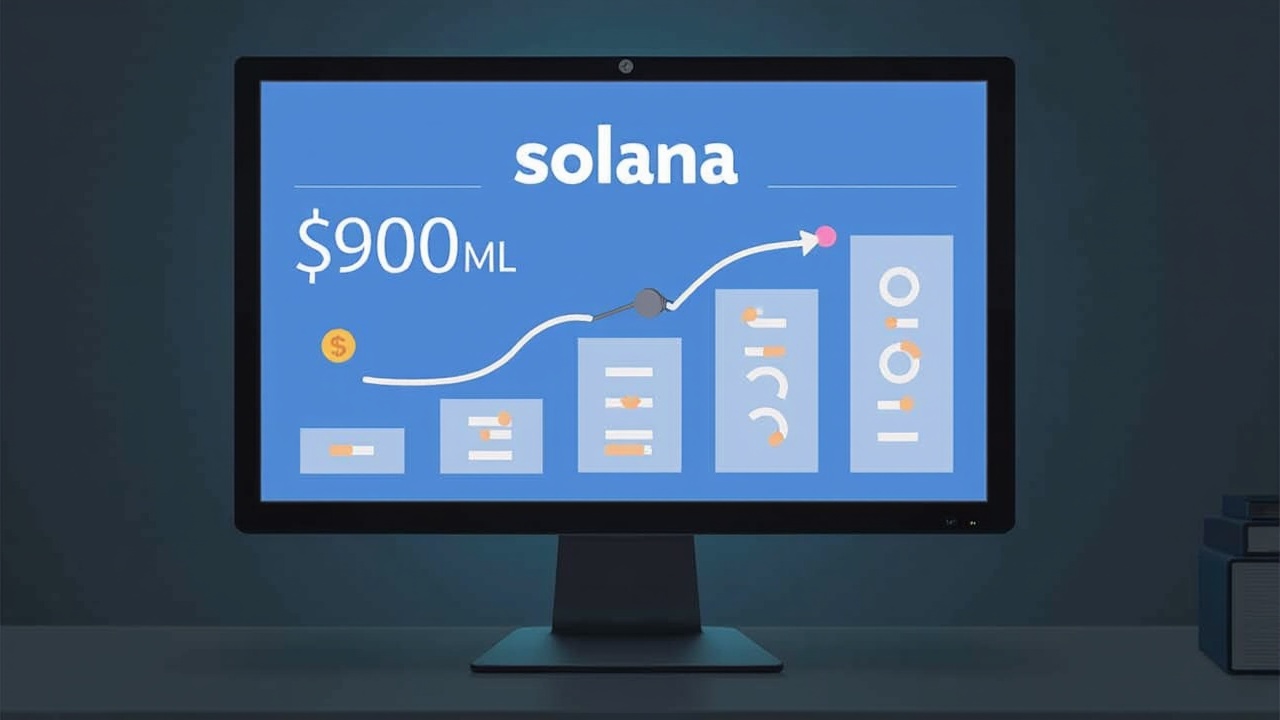 Solana logo on a monitor with rising stablecoin icons and a $900M surge, featuring JupUSD debut