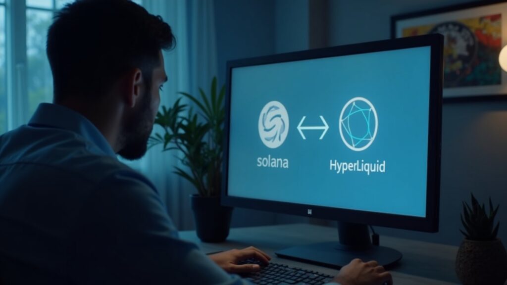 Concerned investor at a desk, screen shows Solana and Hyperliquid logos with a pivot arrow, highlighting refunds and controversy.