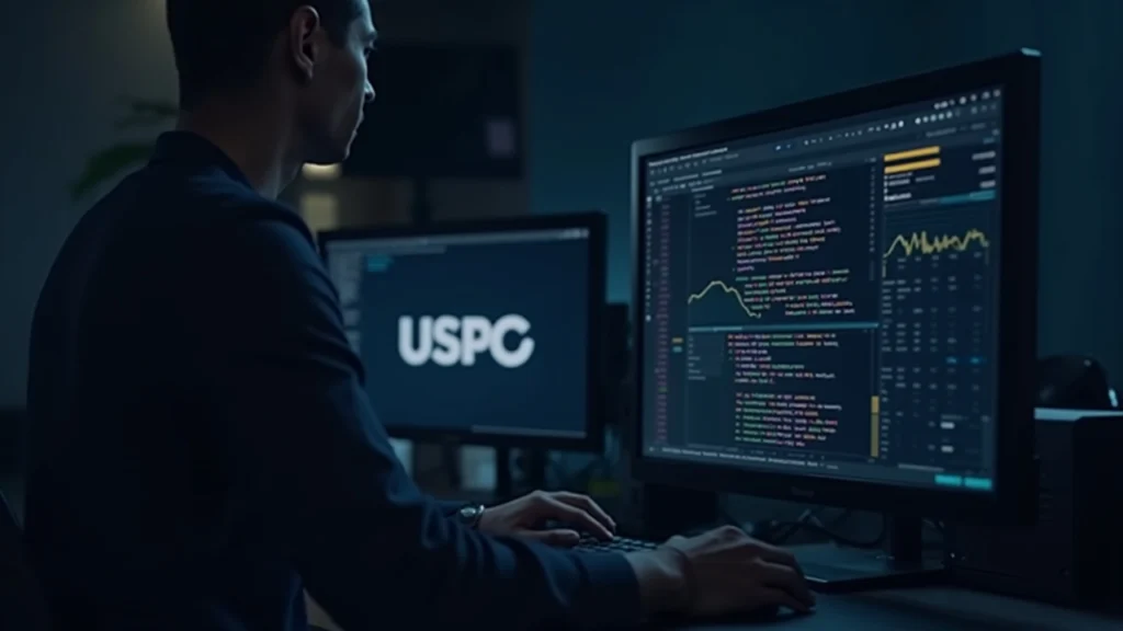 Analyst at desk monitoring Solana throughput with bold USDC logo while USDT is dimmed, signaling USDC dominance.