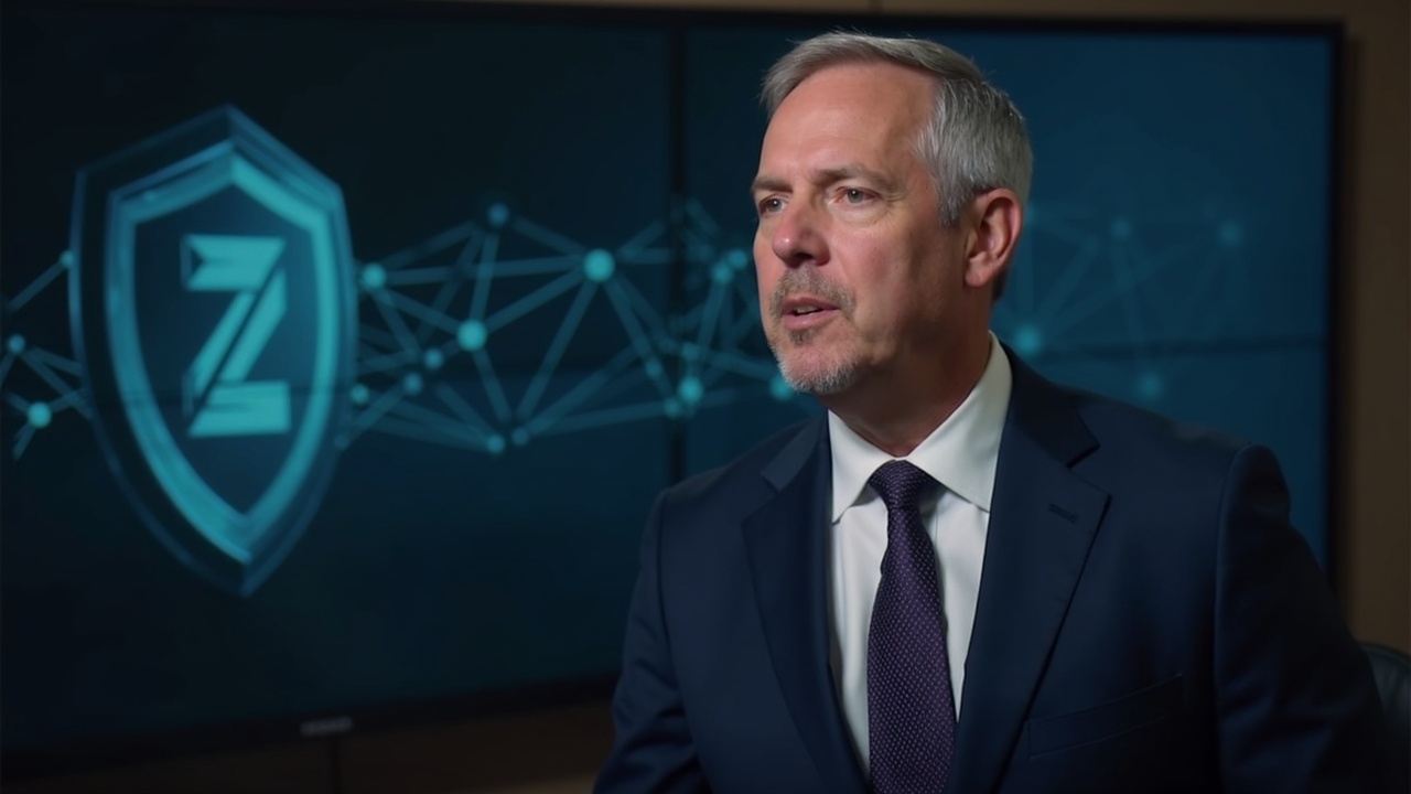 Editorial portrait of a crypto investor in a suit at a briefing, with Shielded Labs donation and Zcash logos on screen.