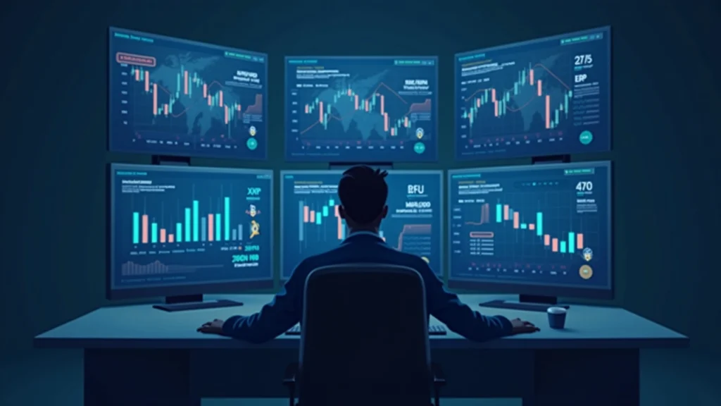 Editorial photo of a financial analyst at a clean desk with multiple screens showing XRP ETF flows and BTC/ETH outflows.